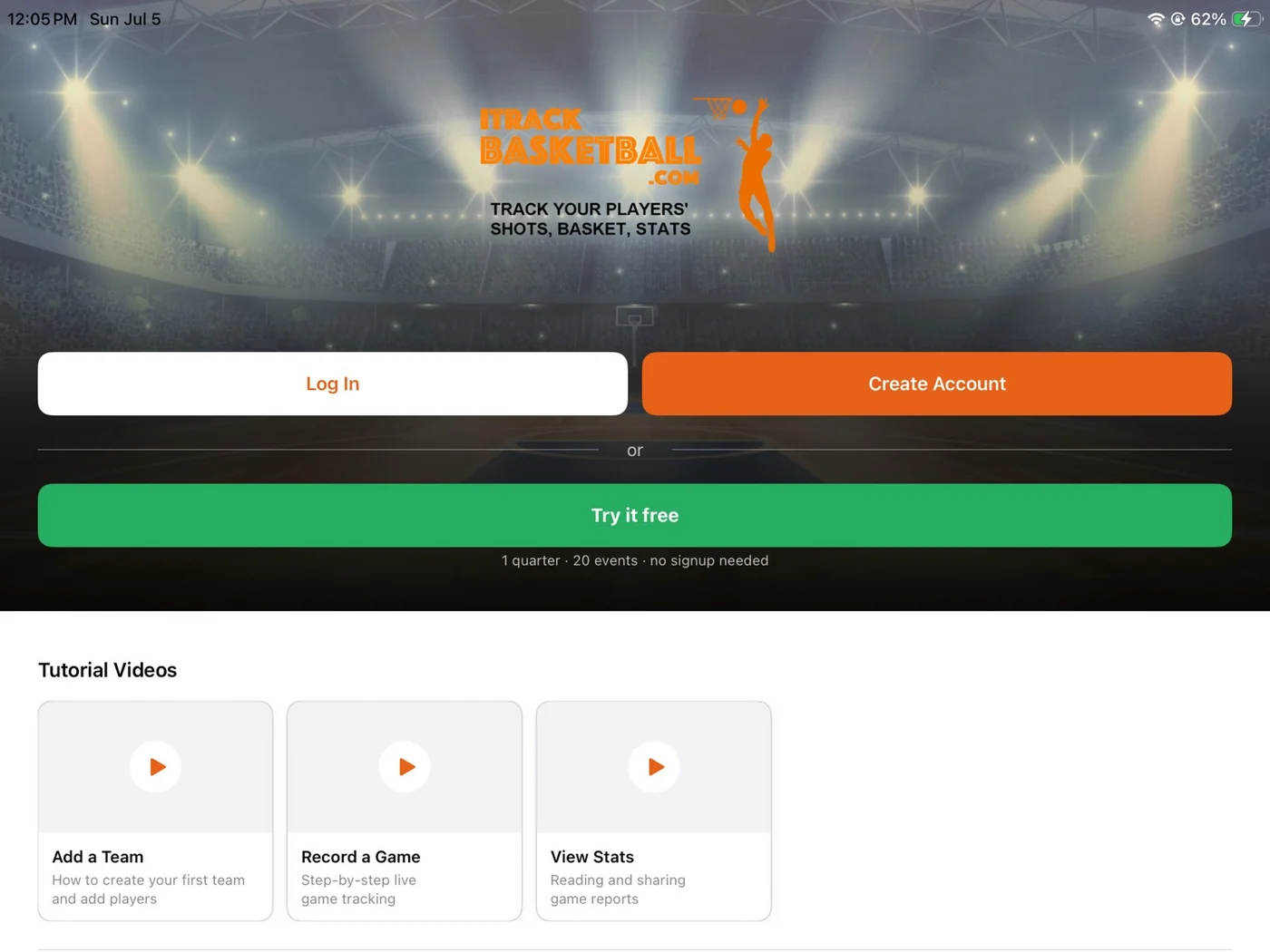 iTrackBasketball mobile account screen