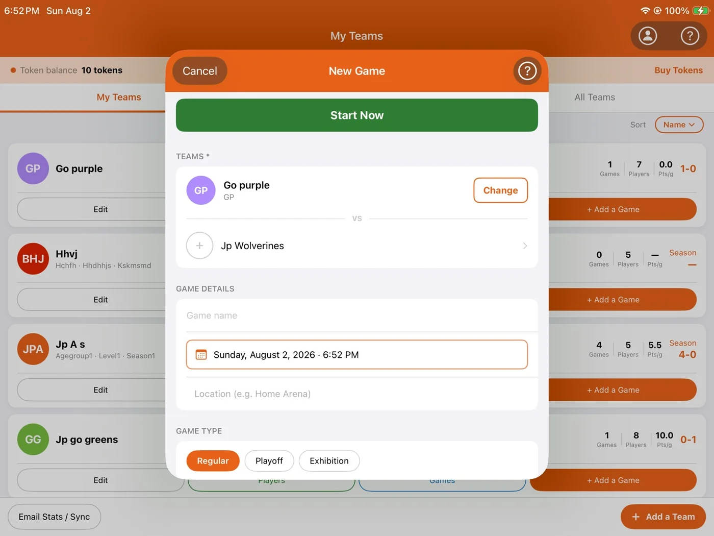 iTrackBasketball game setup screen