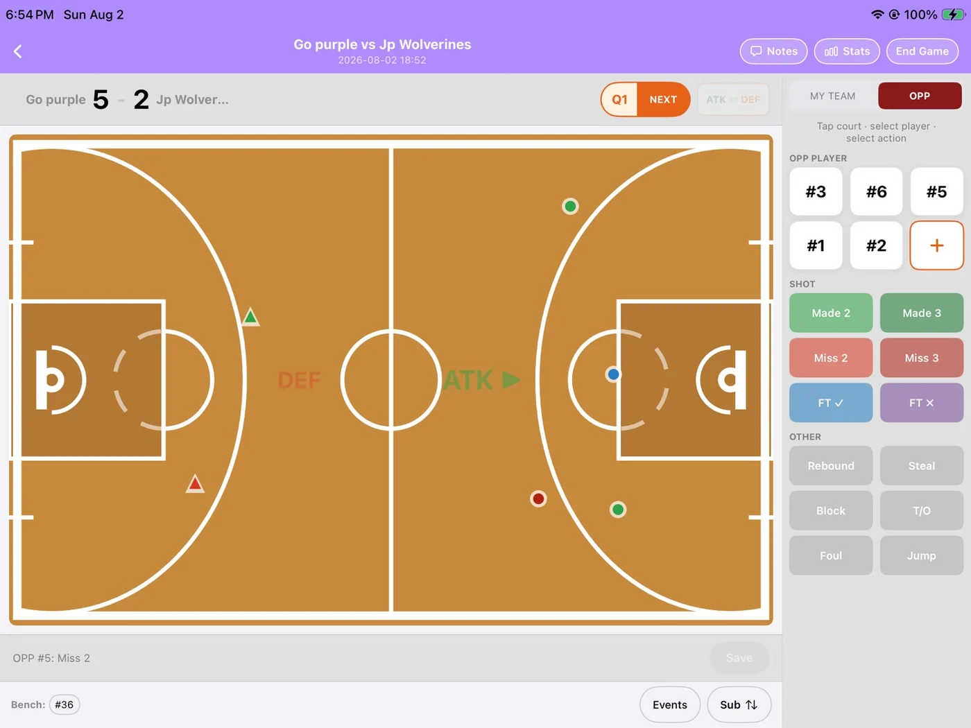 iTrackBasketball live game recording screen